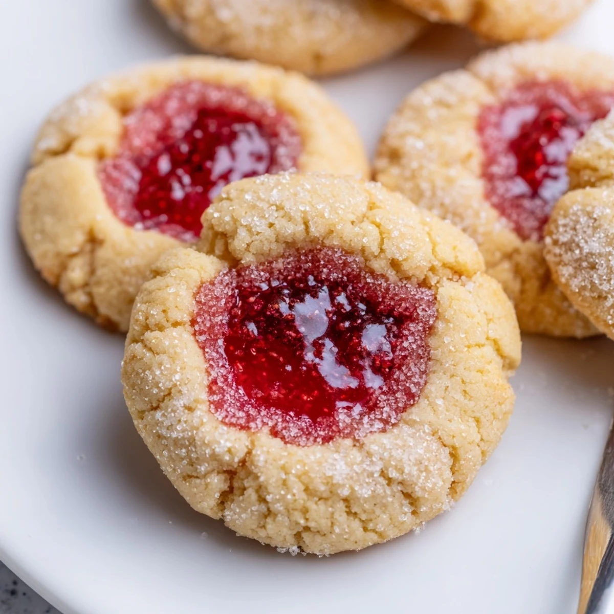 Buttery flower jam thumbprint cookies dusted with powdered sugar on a wire rack