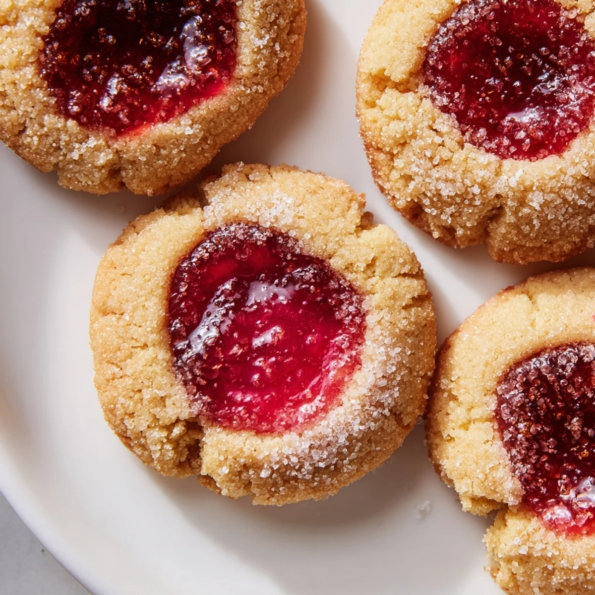 Close-up of flower jam thumbprint cookies showing jewel-like rose jam in each indent