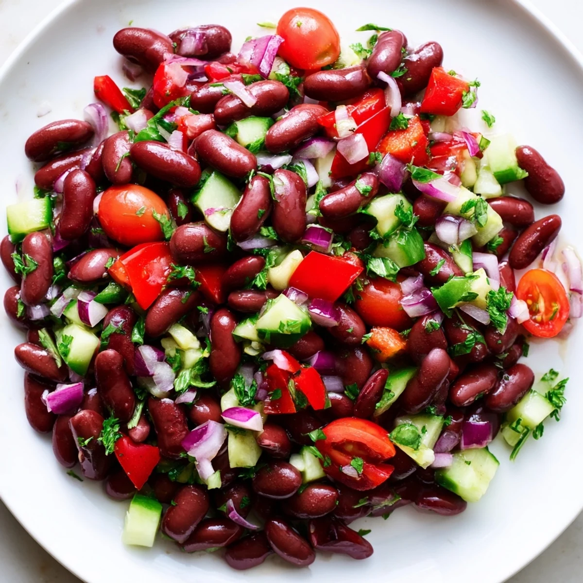 Colorful kidney bean salad tossed with crisp peppers, cucumber, and tangy vinaigrette in a bowl