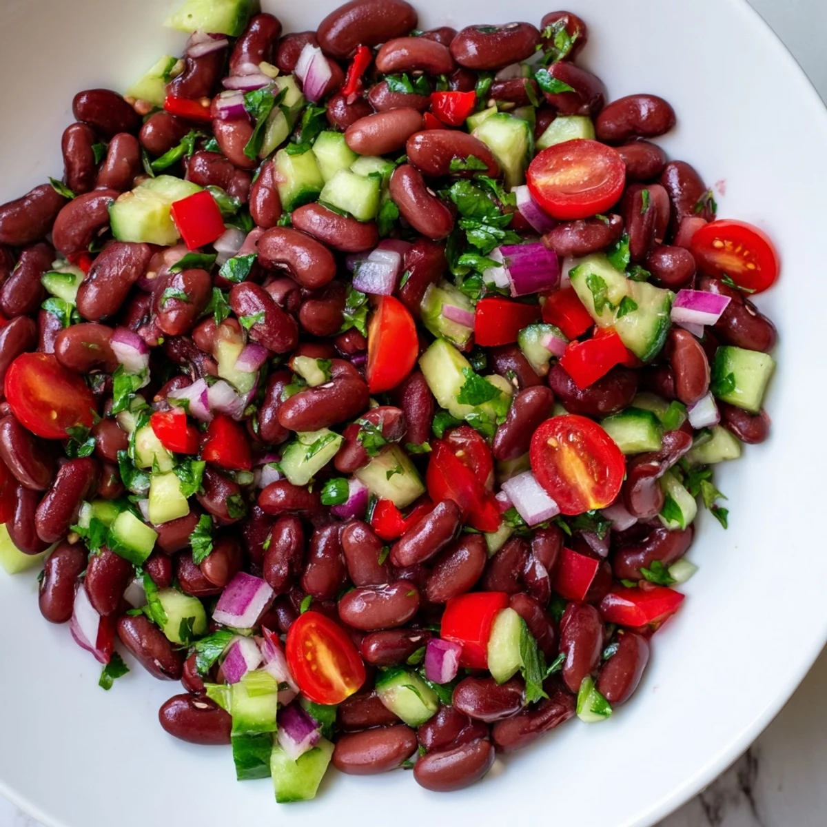 Kidney bean salad served in a rustic bowl with fresh parsley and diced vegetables