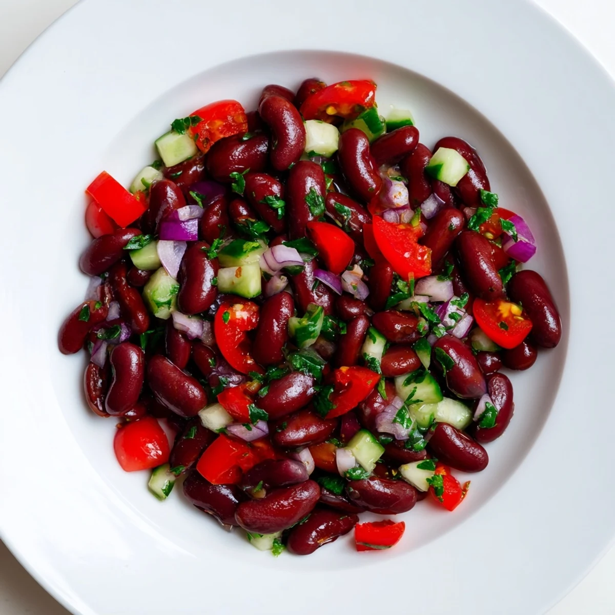 Bright kidney bean salad garnished with cherry tomatoes and red onion on a white plate