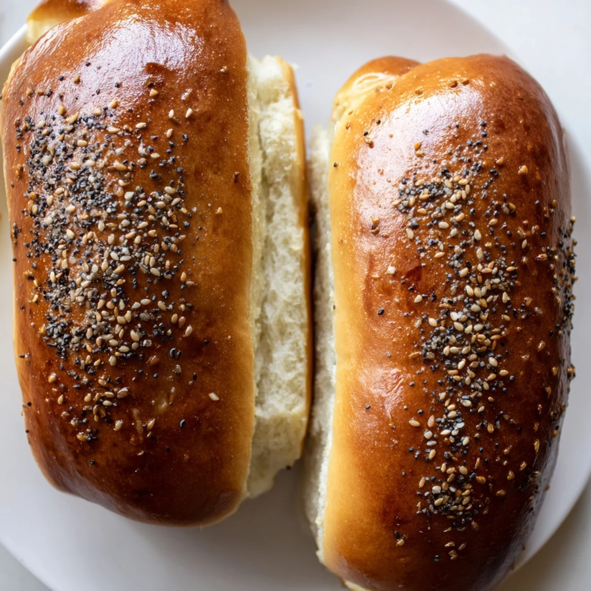 Golden sourdough discard hot dog buns fresh from the oven with sesame seed topping