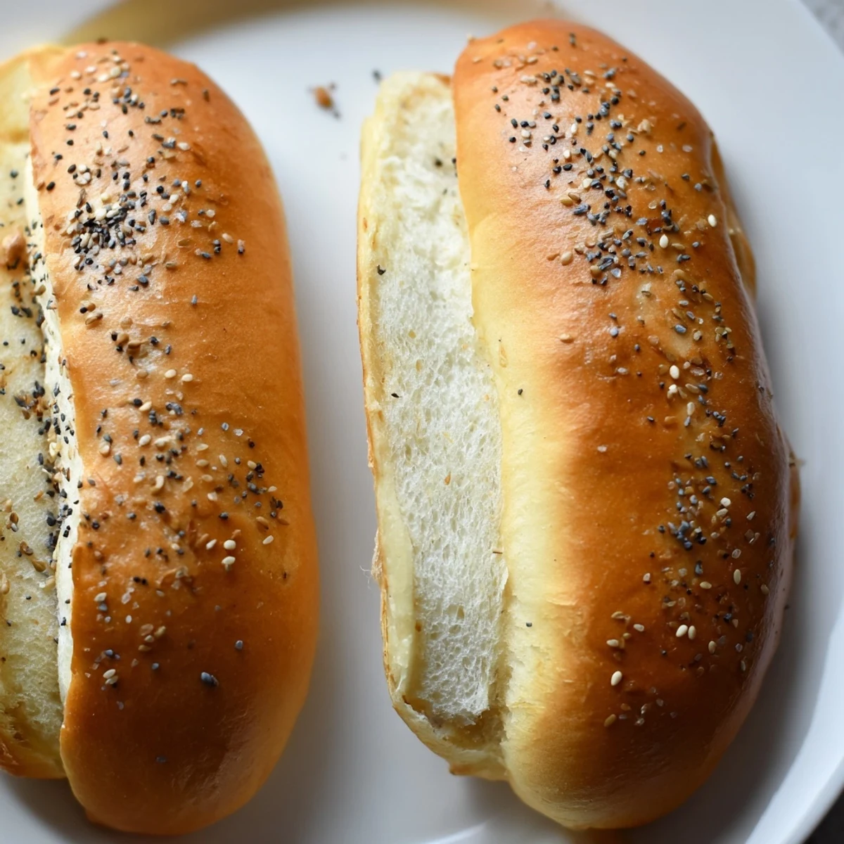 Soft homemade sourdough discard hot dog buns arranged on a rustic wooden serving board