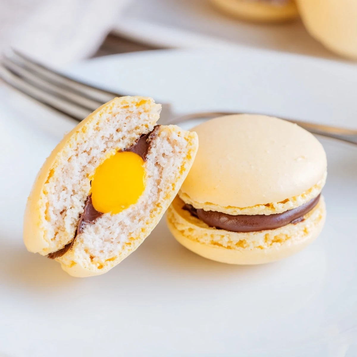 Delicate Cadbury Egg macarons with smooth chocolate ganache and bright yellow yolk centers