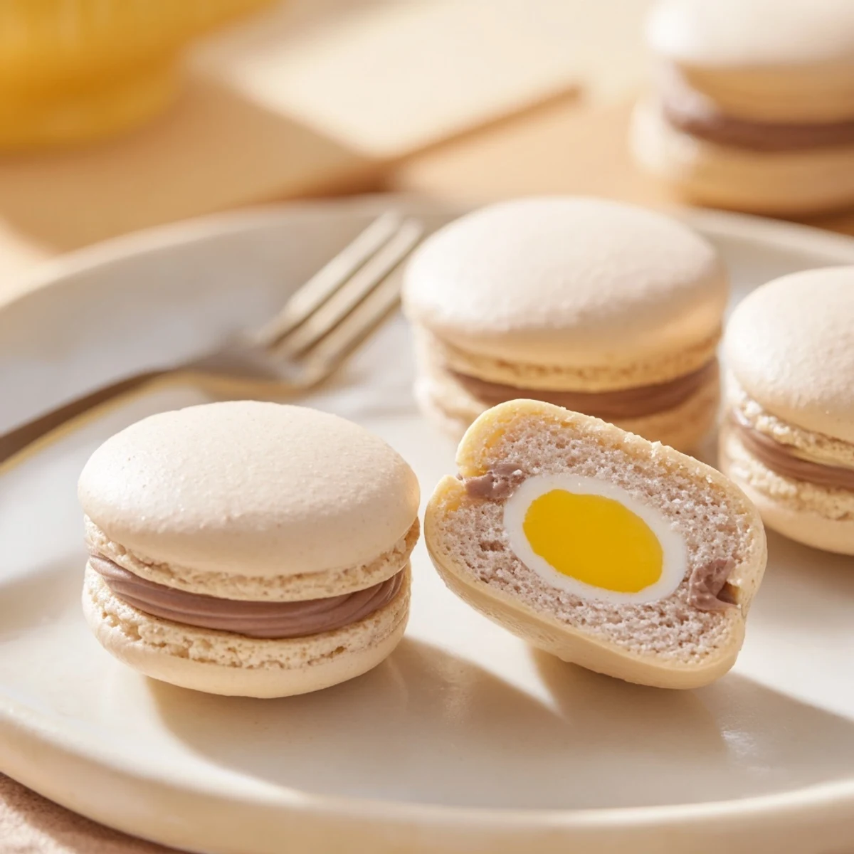 Speckled pastel Cadbury Egg macarons arranged on a rustic serving board for Easter