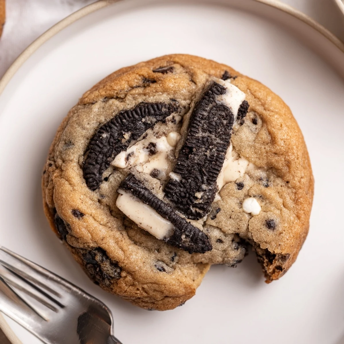 Soft chewy cookies and cream cookie with white chocolate chips and crushed Oreo pieces on rustic wooden board