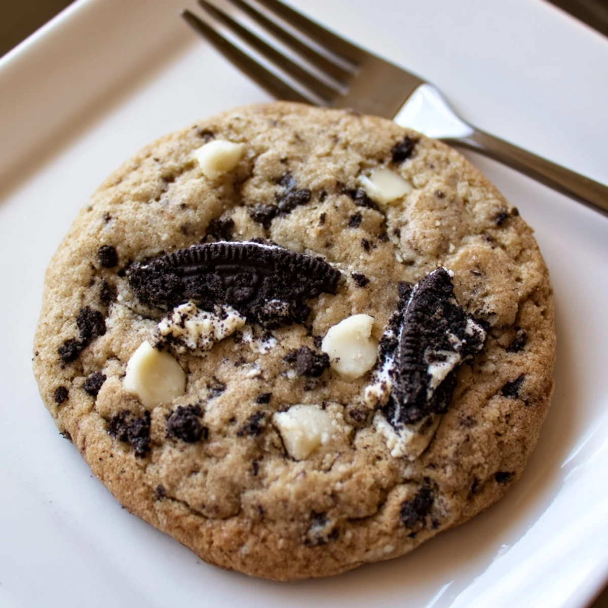 Warm cookies and cream cookie fresh from oven with golden edges and melty white chocolate throughout