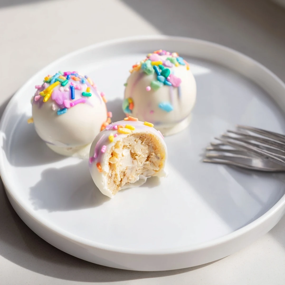 Creamy Banana Pudding Easter Truffles coated in white chocolate with colorful sprinkles