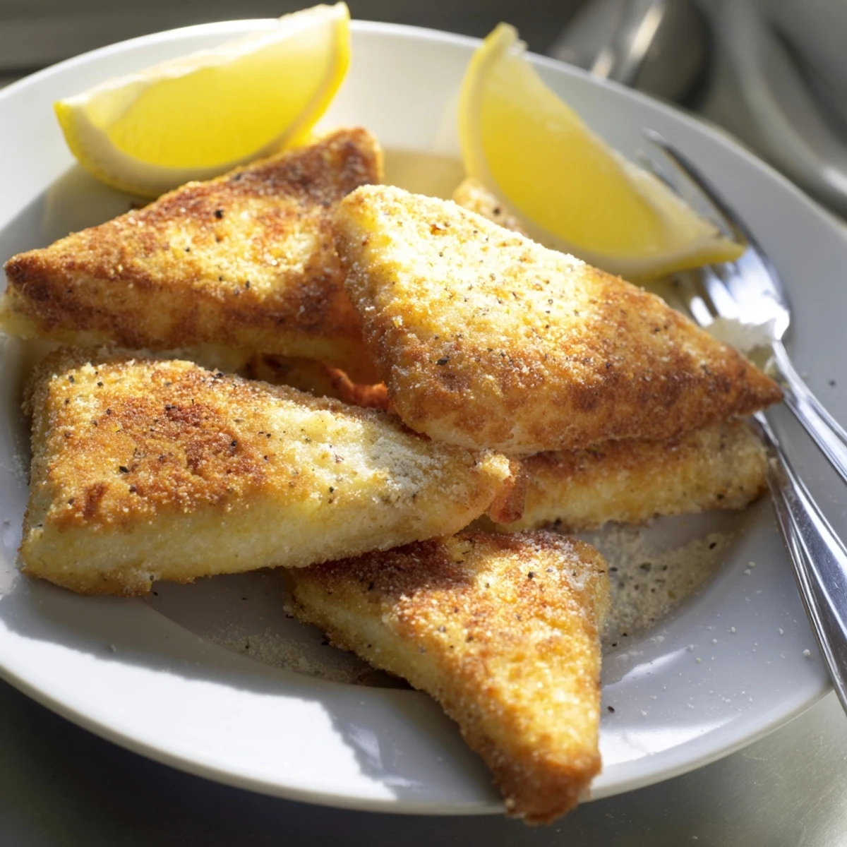 Golden crispy Greek fried cheese sizzling in pan with fresh lemon wedges nearby
