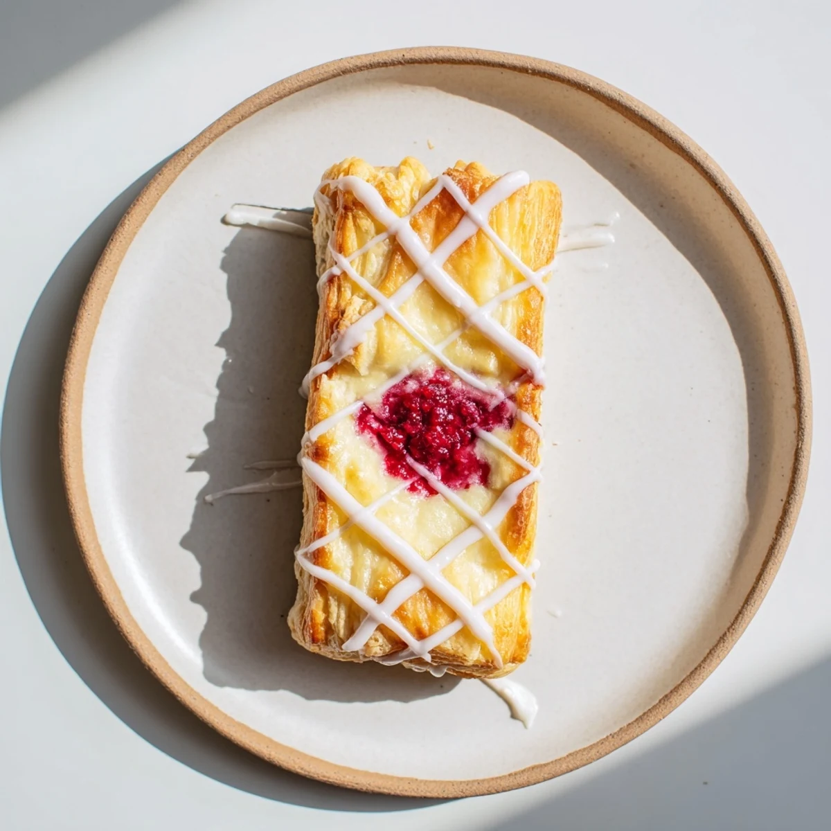 Golden Sourdough Discard Raspberry Cream Cheese Danishes drizzled with sweet vanilla glaze on white parchment