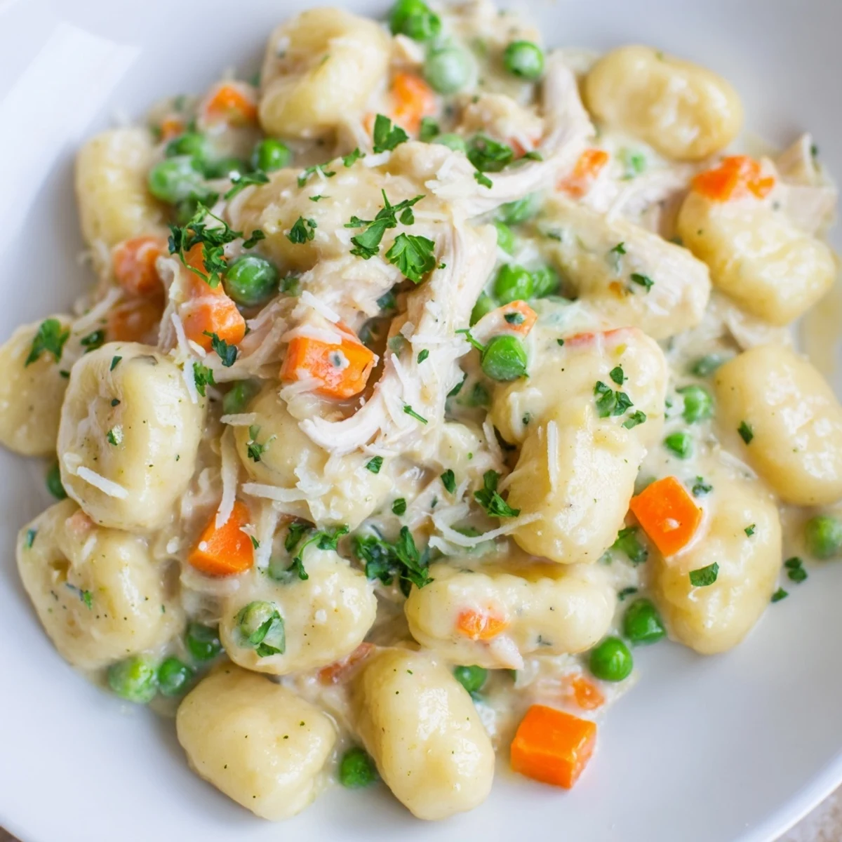 Creamy one pot gnocchi chicken pot pie in a golden skillet with tender vegetables