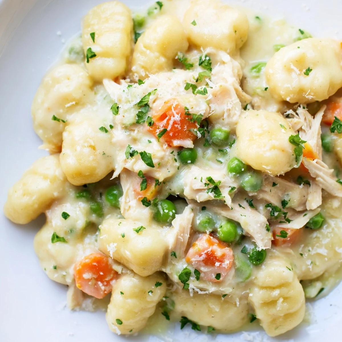 One pot gnocchi chicken pot pie topped with fresh parsley and parmesan