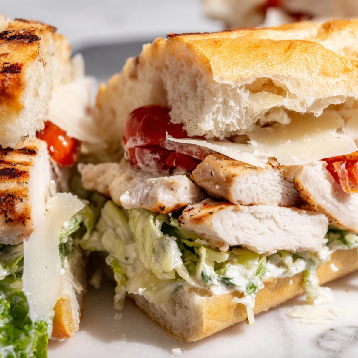 Juicy grilled Chicken Caesar Sandwich on toasted ciabatta with crisp romaine and shaved Parmesan