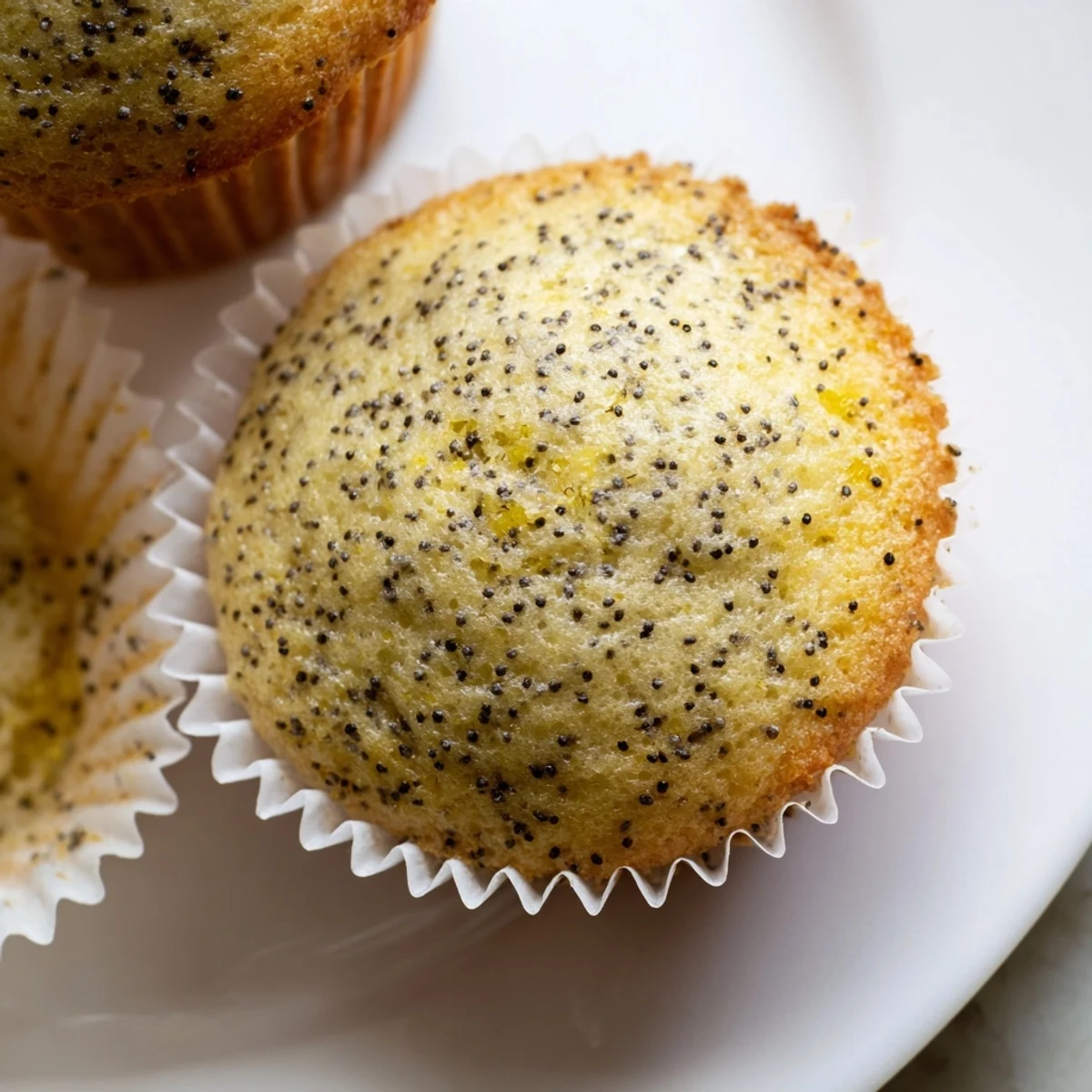 Moist lemon poppy seed muffins speckled with zest on a rustic plate