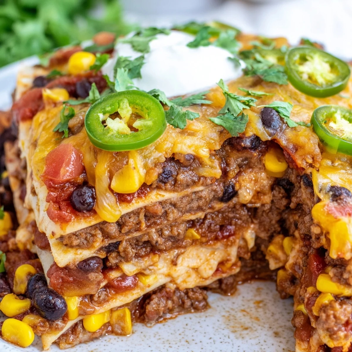 Golden melted cheese tops this hearty Mexican lasagna with layers of seasoned beef and beans bubbling hot and ready to serve