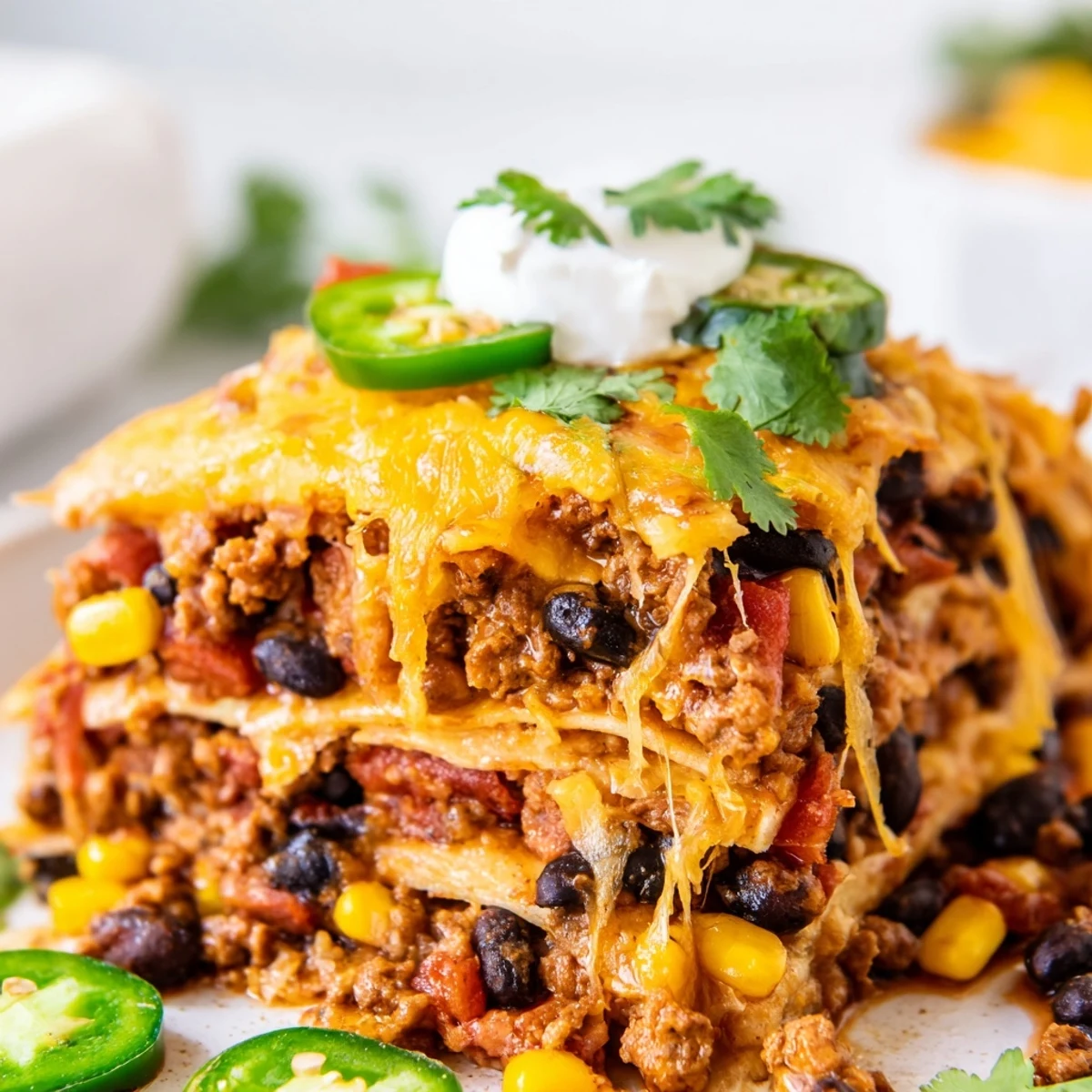 Layered tortillas and spicy beef filling create this cheesy Mexican lasagna fresh from the oven with melted cheddar