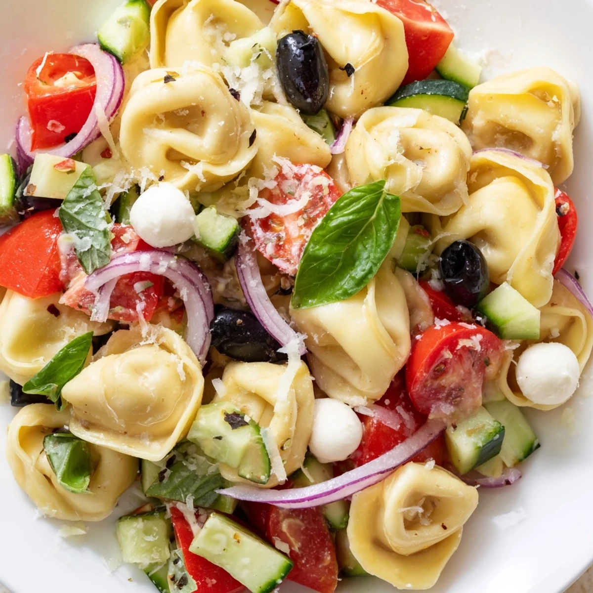 Cheese tortellini salad featuring crisp vegetables and fresh basil in zesty vinaigrette