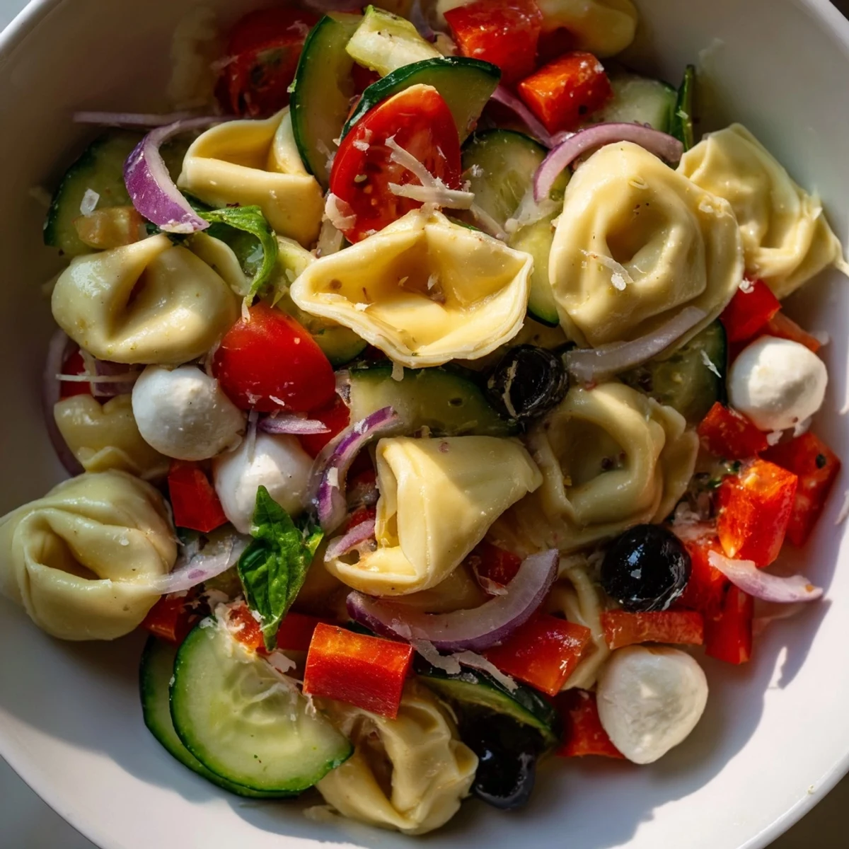 Chilled tortellini salad tossed with bell peppers, olives, and Parmesan in serving bowl