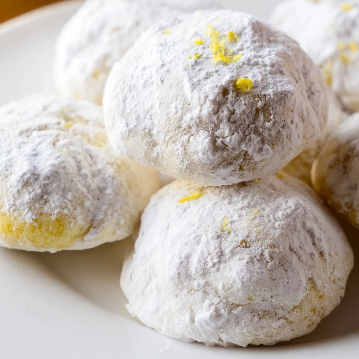 Powdered sugar coated Lemon Meltaways arranged on rustic white ceramic plate