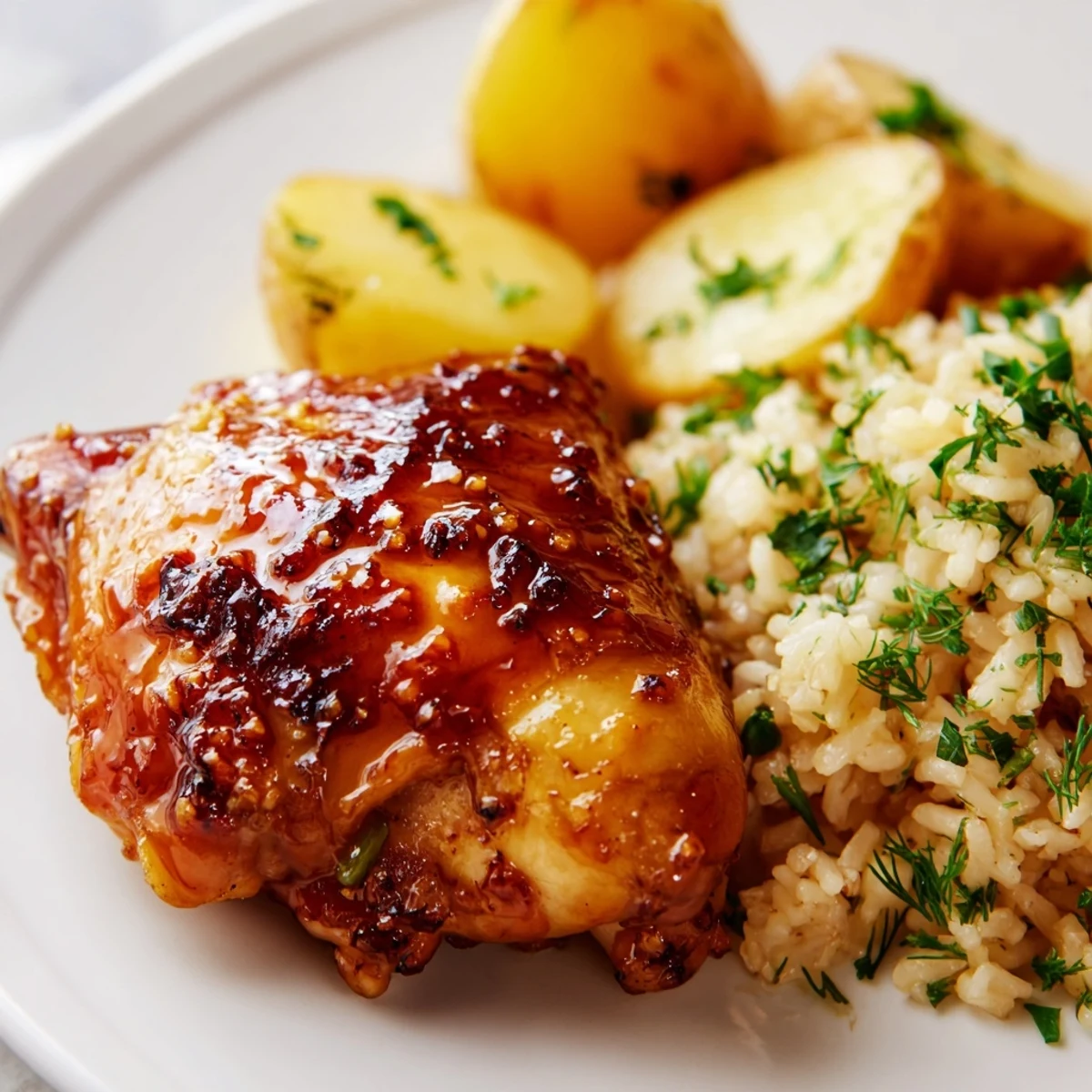 Golden glazed chicken thighs with herb rice and crispy roasted potatoes on a white plate