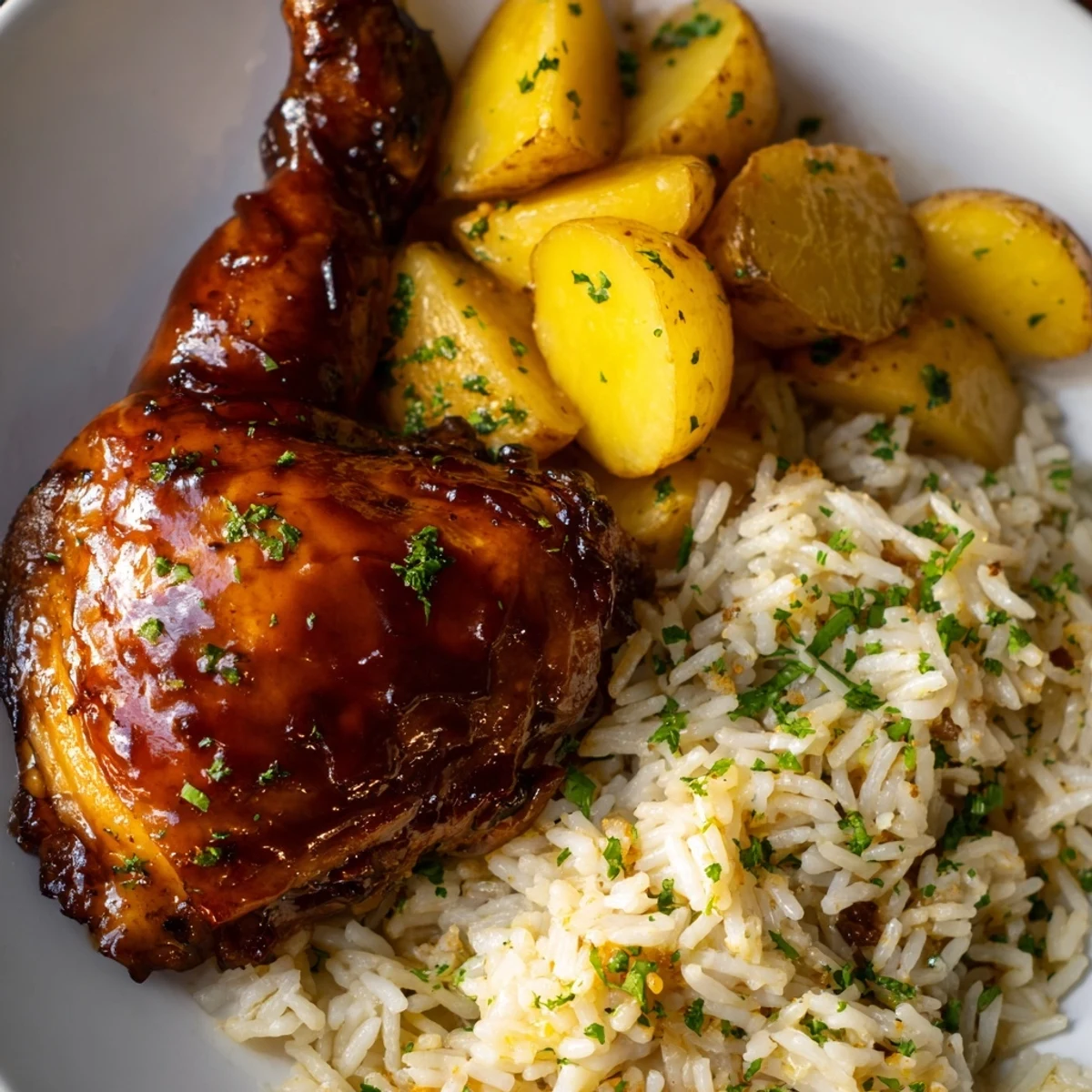 Savory glazed chicken served alongside fluffy herb rice and golden crispy potato wedges
