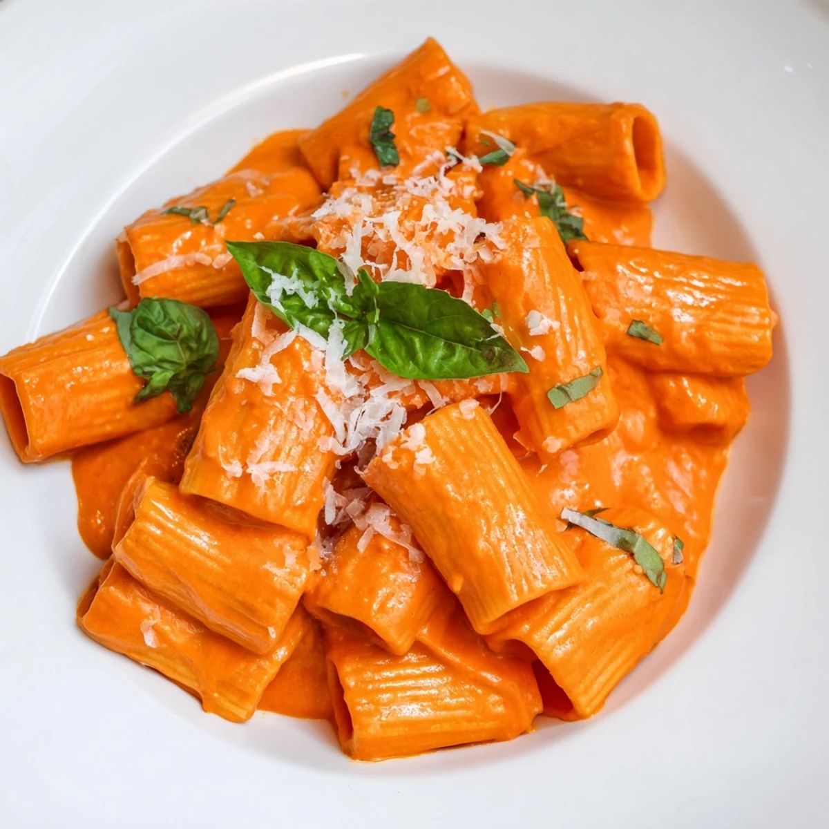 Creamy roasted red pepper pasta in a vibrant orange sauce topped with fresh basil