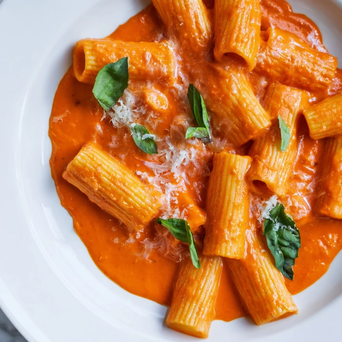 Roasted red pepper pantry pasta served in a white bowl with parmesan garnish