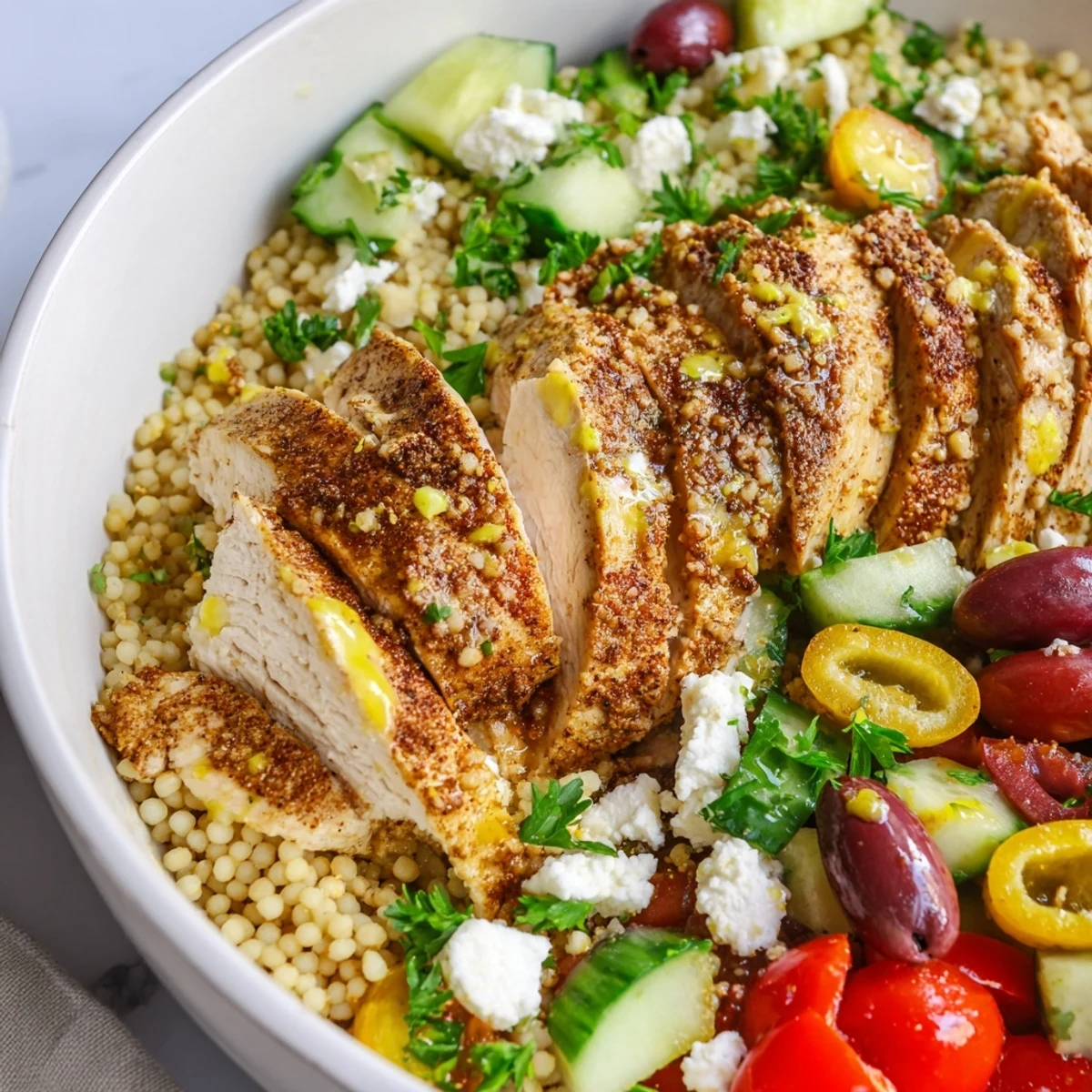 Colorful Mediterranean chicken couscous bowl featuring tender spiced meat and crisp garden vegetables