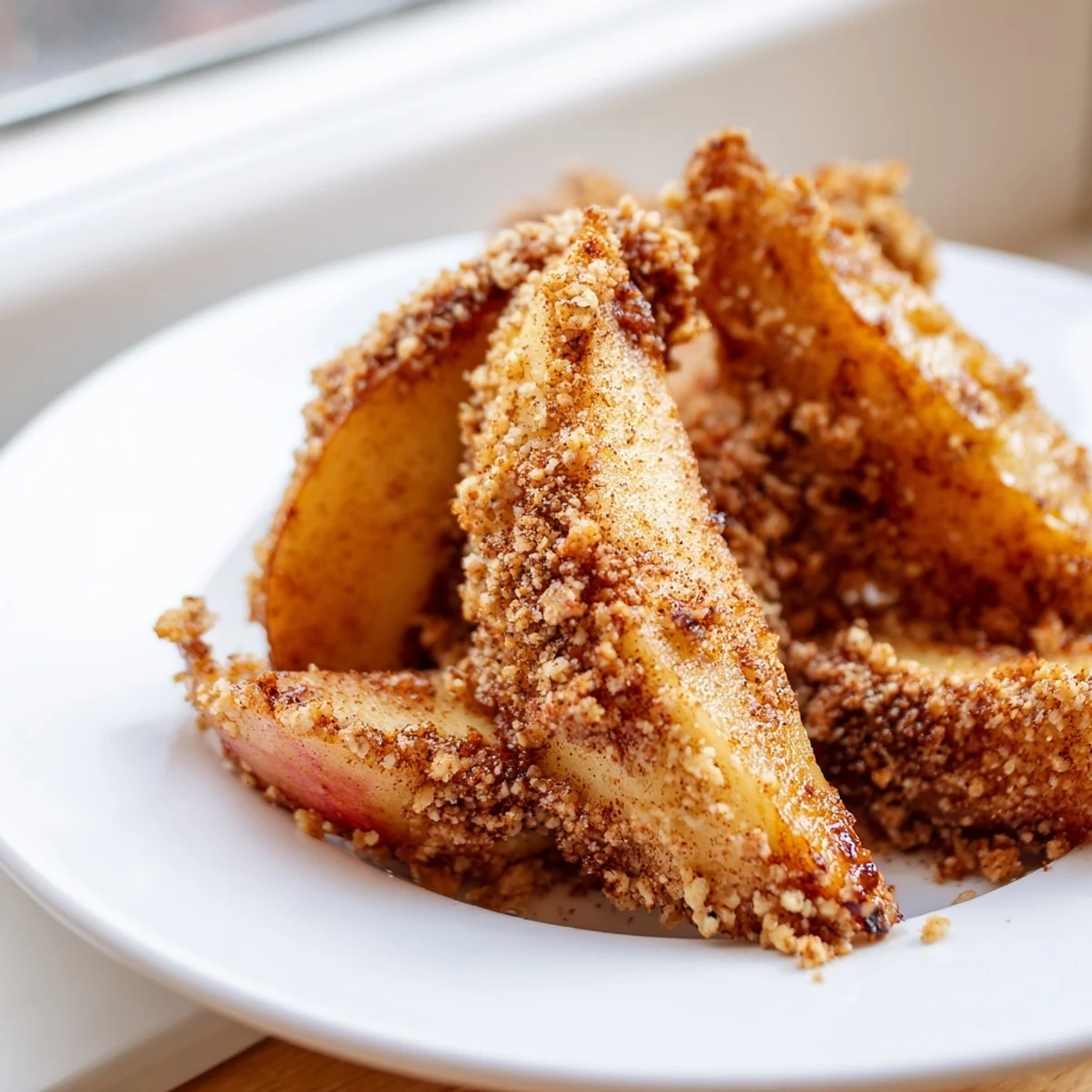 Golden crispy air fryer apple slices dusted with cinnamon sugar on a white plate