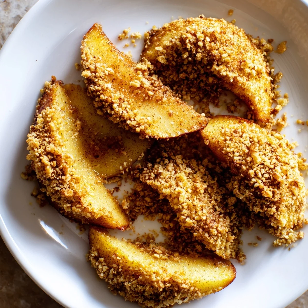 Tender crispy air fryer apples with oat topping served warm with vanilla ice cream