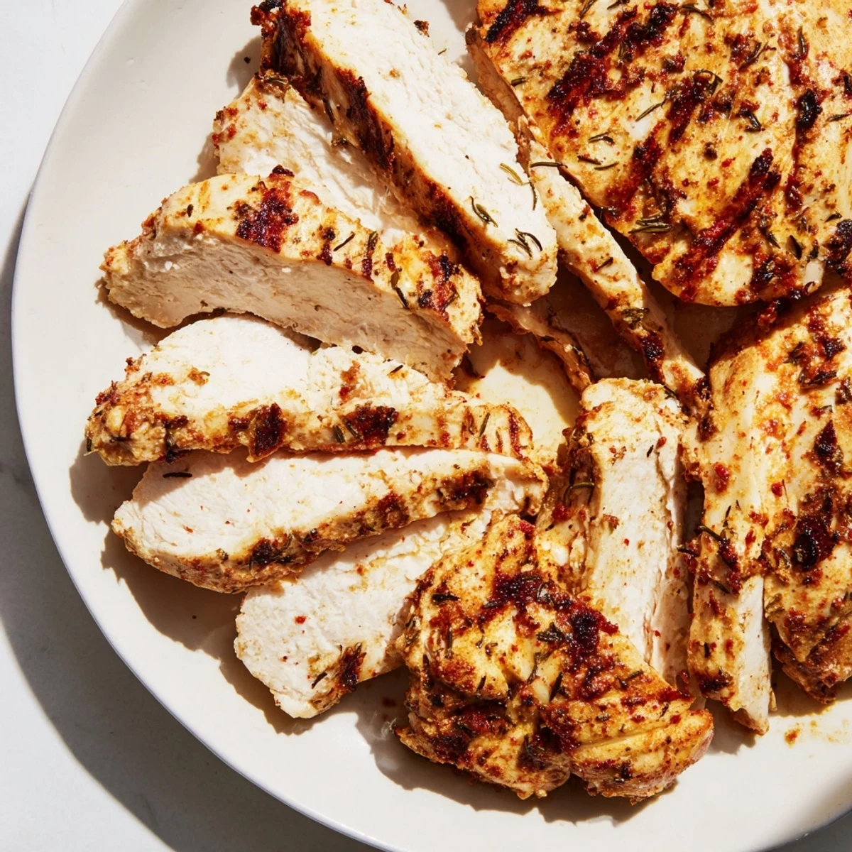 Golden grilled Greek yogurt marinated chicken with char marks and fresh herbs