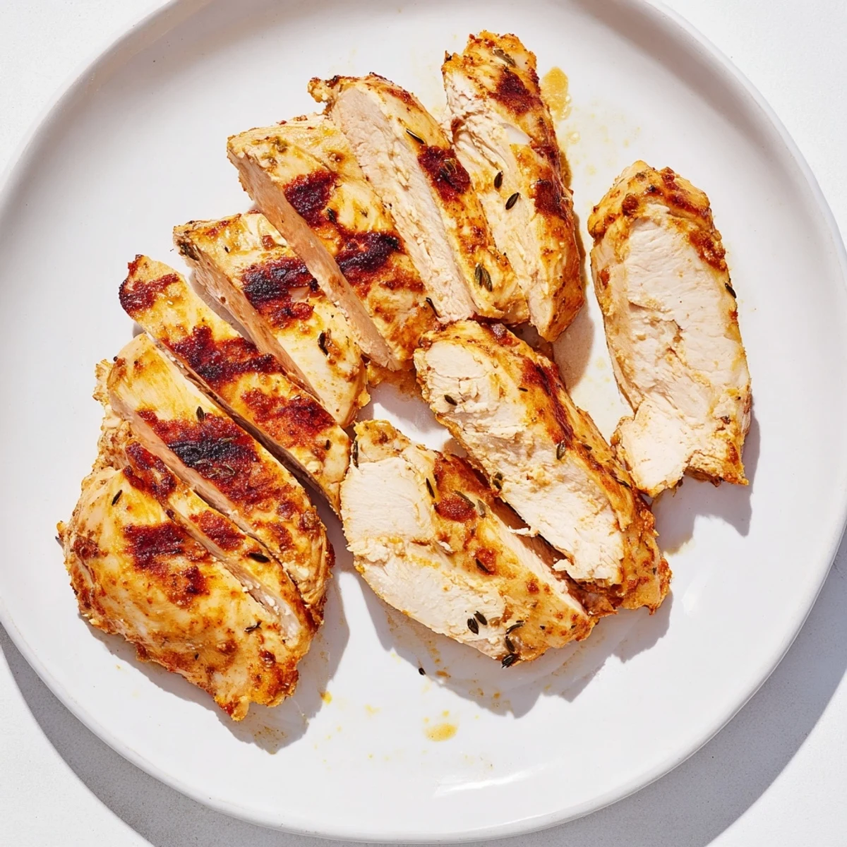 Juicy Greek yogurt marinated chicken sliced on a white serving platter