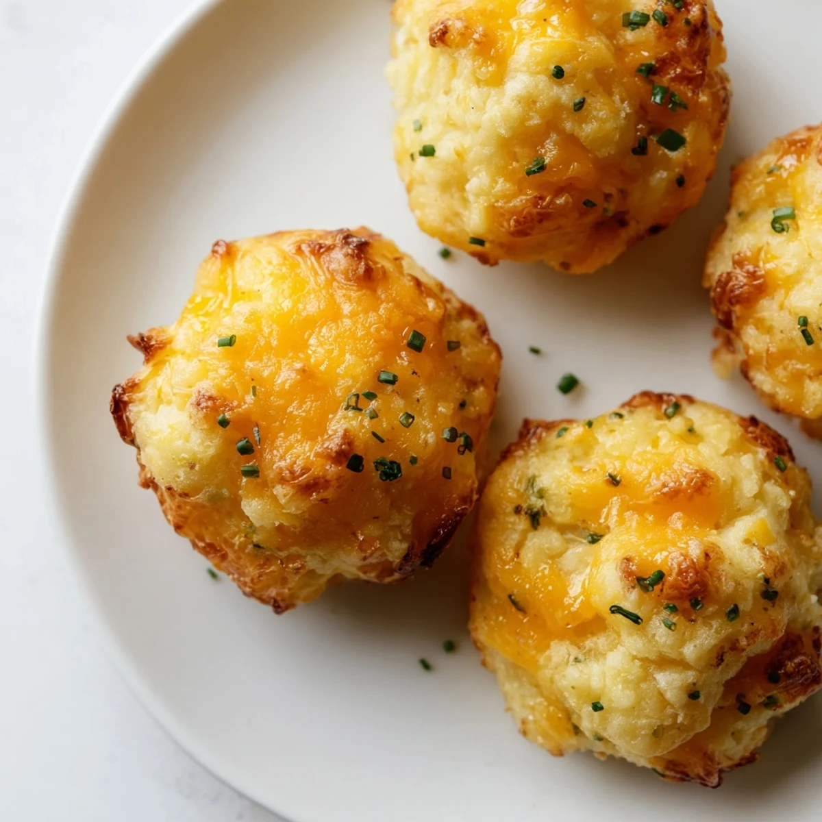 Creamy Mashed Potato Cheese Puffs topped with melted cheddar and fresh snipped chives