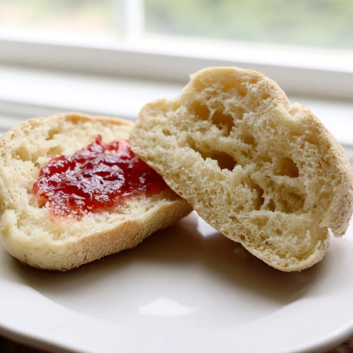 Golden homemade English muffins fresh from the griddle with signature nooks and crannies
