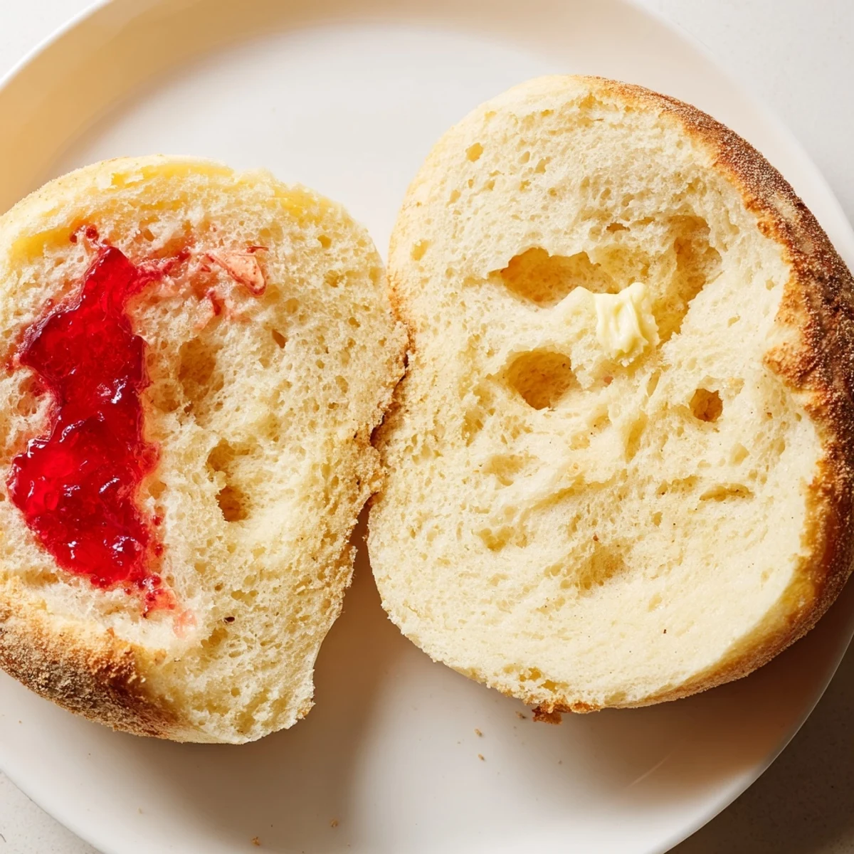 Split homemade English muffins showing airy texture ready for butter and jam