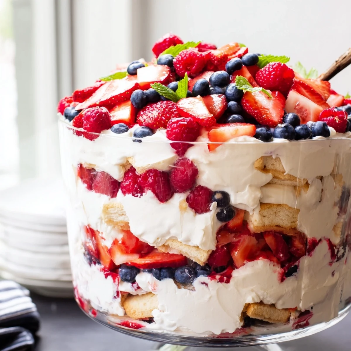 Creamy Red White Blue Mixed Berry Yum Yum layered in a glass trifle bowl