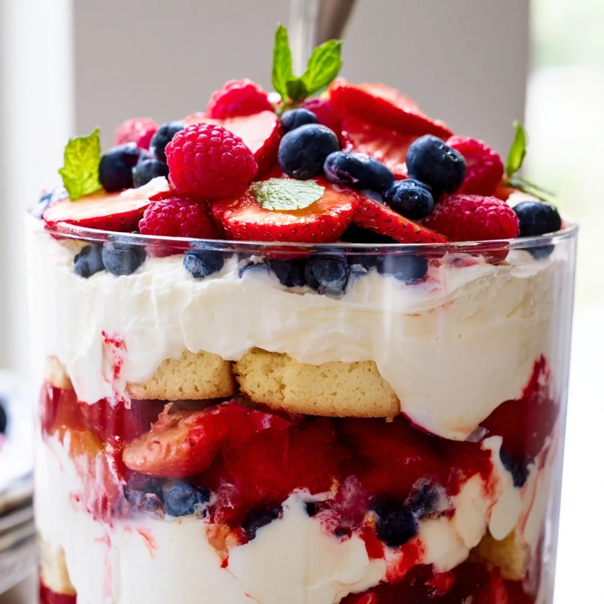 Patriotic Red White Blue Mixed Berry Yum Yum served with crushed shortbread and mint