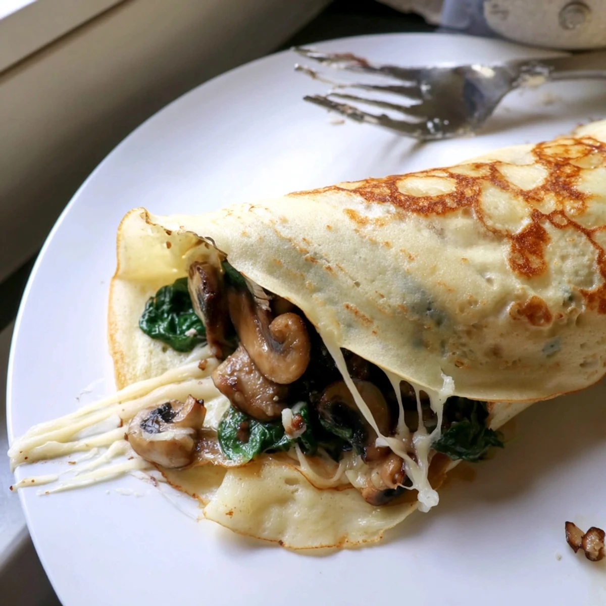 Golden savory crepes filled with sautéed spinach and melted Gruyère cheese on a plate