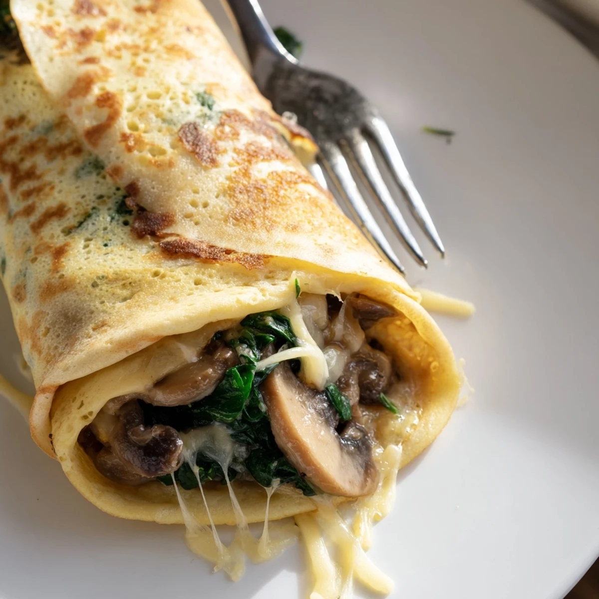 Crispy-edged savory crepes stuffed with golden mushrooms and gooey cheese served warm