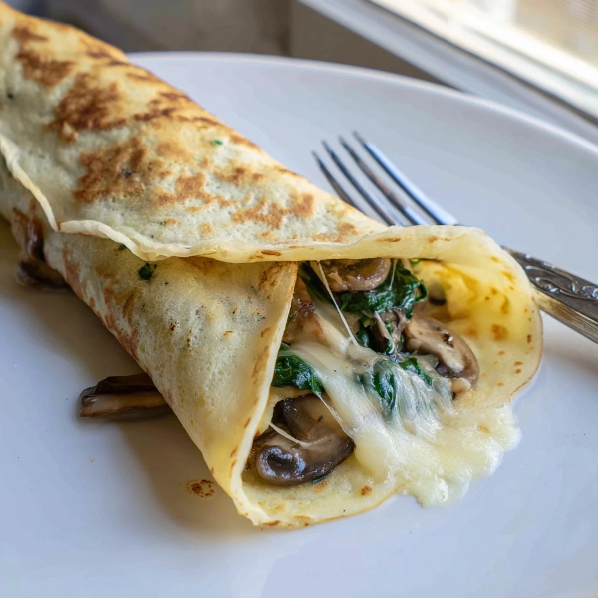 Thin savory crepes rolled around mushrooms and spinach topped with fresh herbs