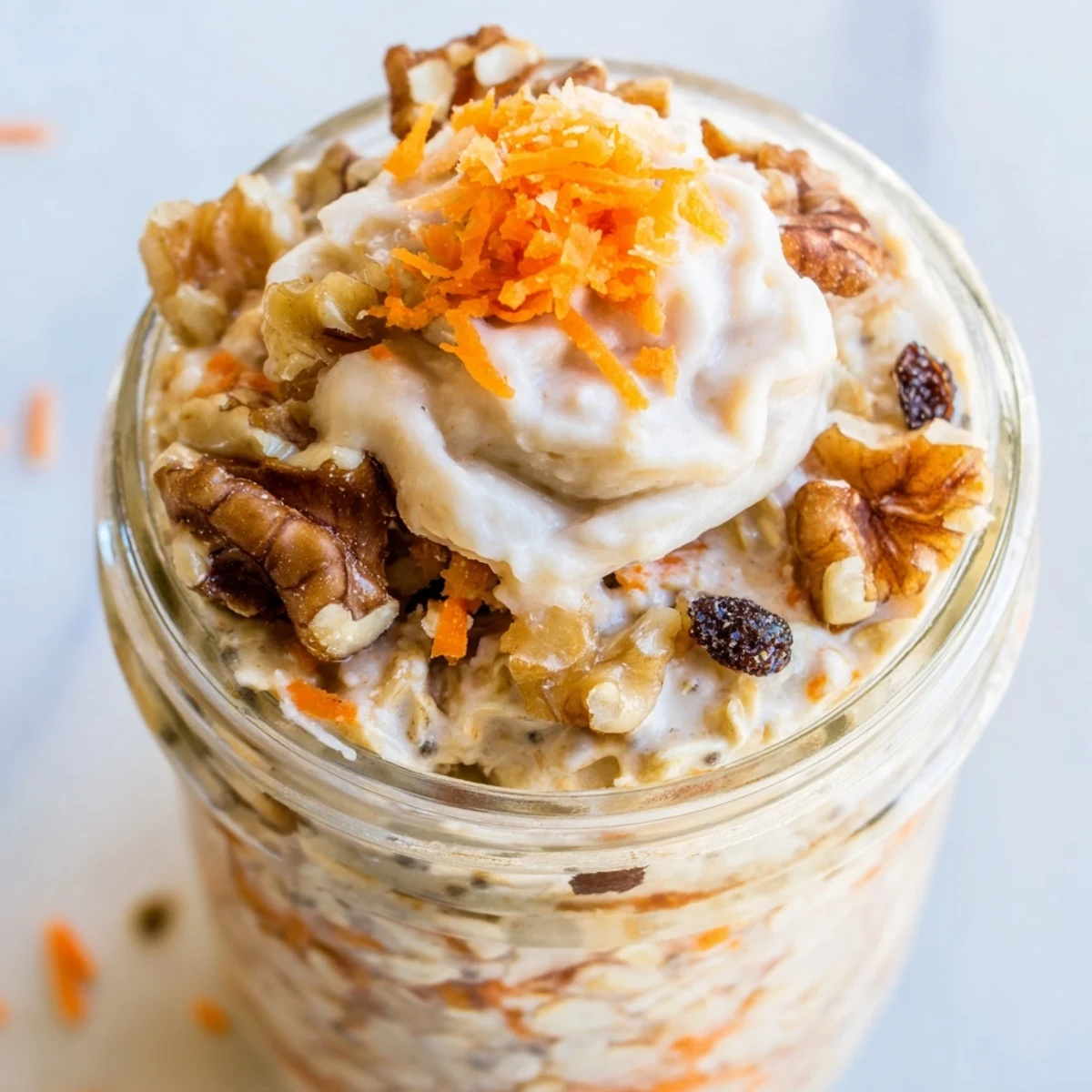 Creamy carrot cake overnight oats topped with walnuts and a drizzle of maple syrup