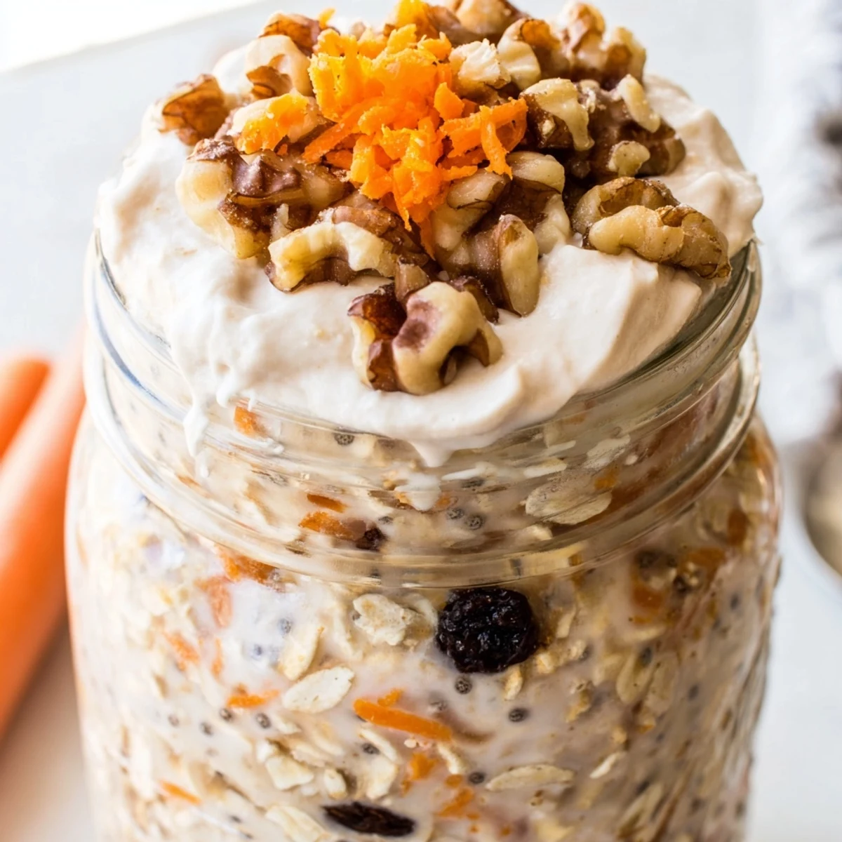 Thick spiced carrot cake overnight oats served with cream cheese frosting and grated carrot