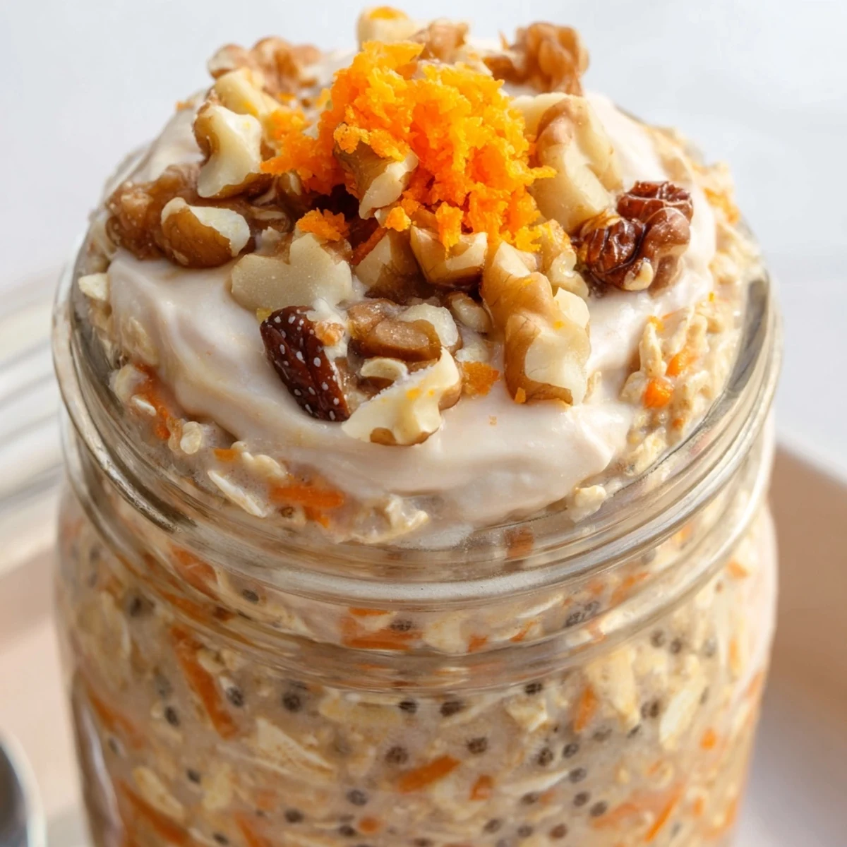 Carrot cake overnight oats in a mason jar with raisins and spices