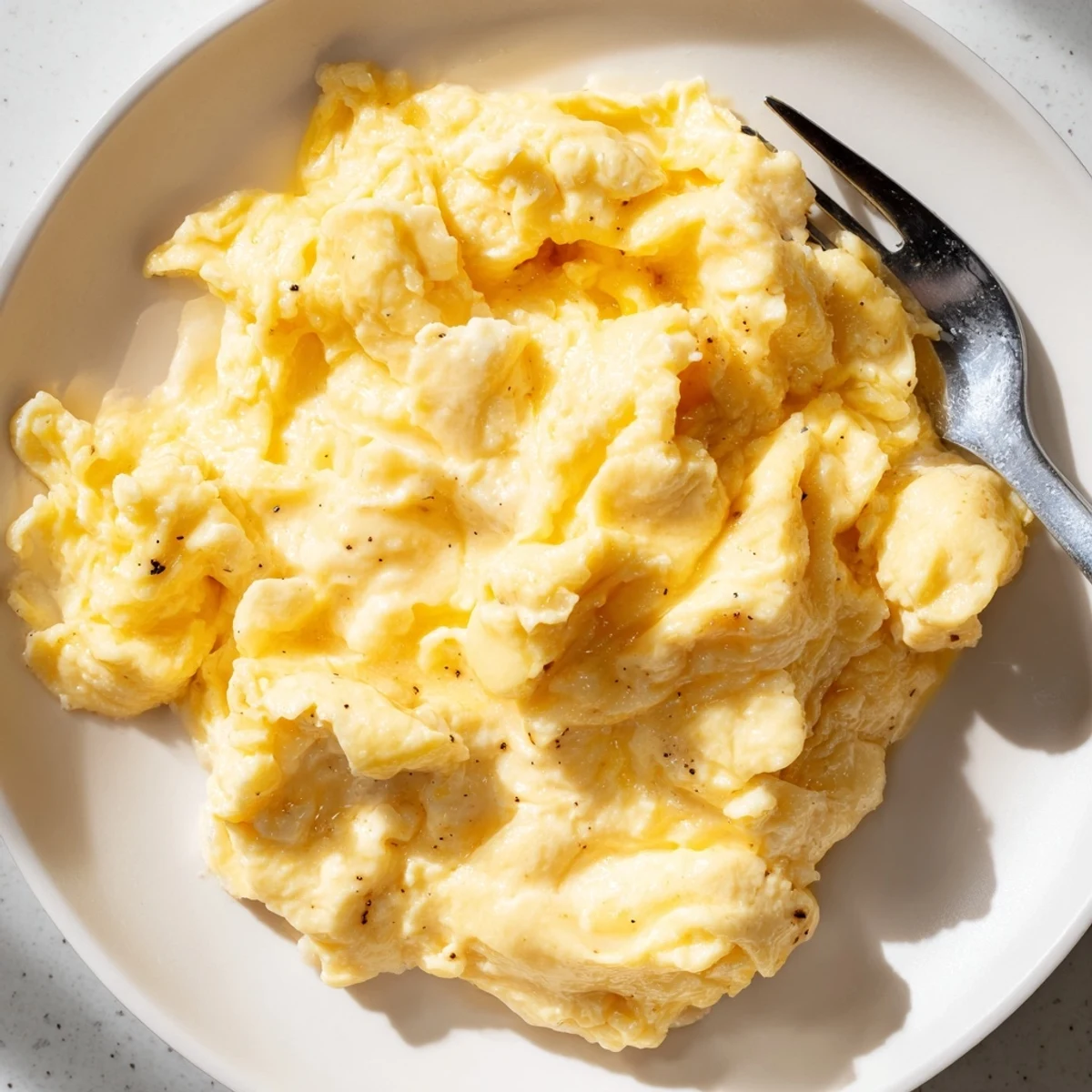 Golden scrambled eggs served in a cast iron skillet with fresh chives