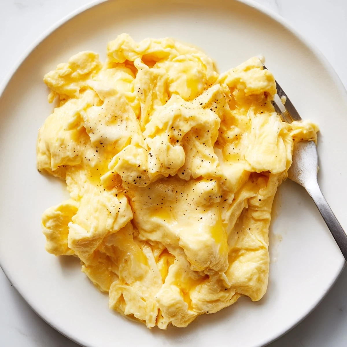 Creamy scrambled eggs piled on a plate with buttery toast and herbs