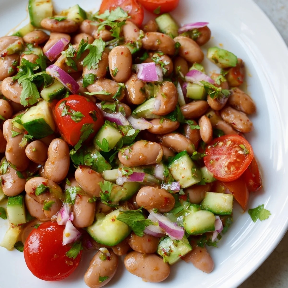 Creamy pinto beans mingled with diced cucumbers tomatoes and cilantro in a bowl