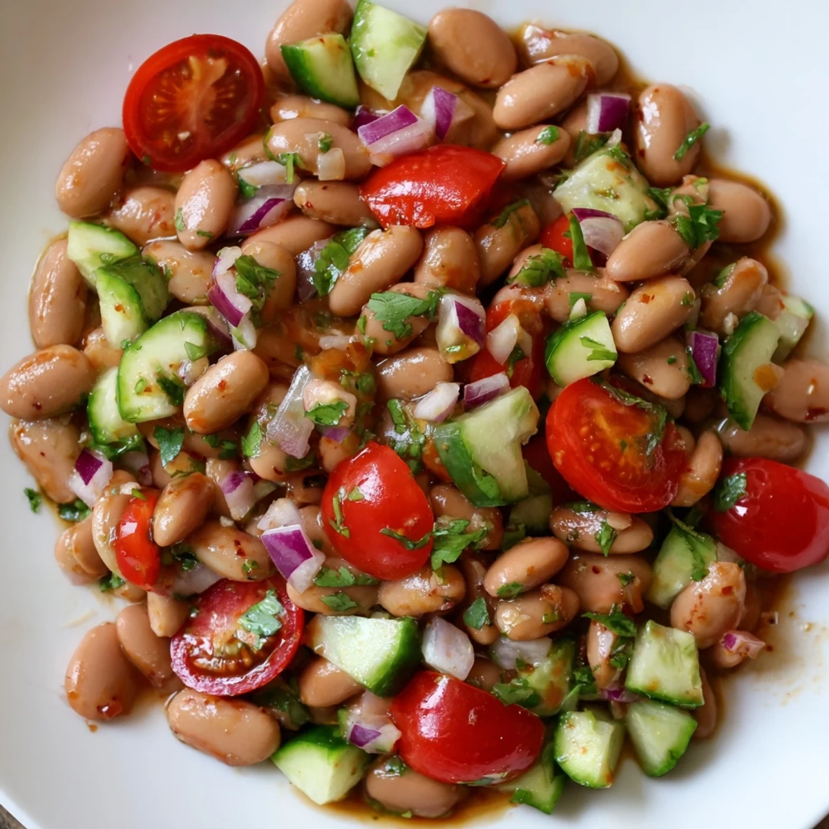 Rustic pinto bean salad garnished with fresh herbs served in a rustic dish