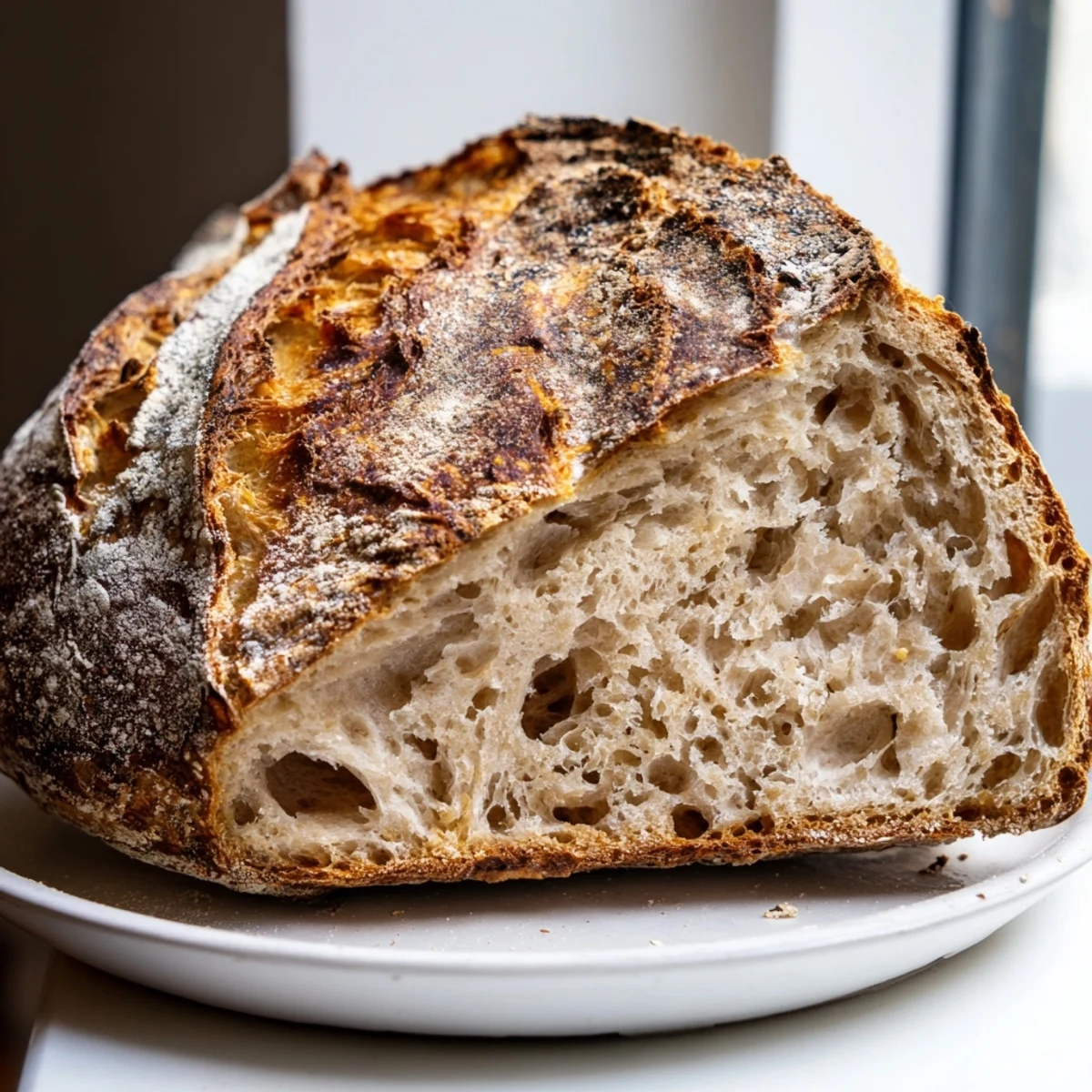 Golden sourdough bread loaf with a crackled crust resting on a rustic cutting board