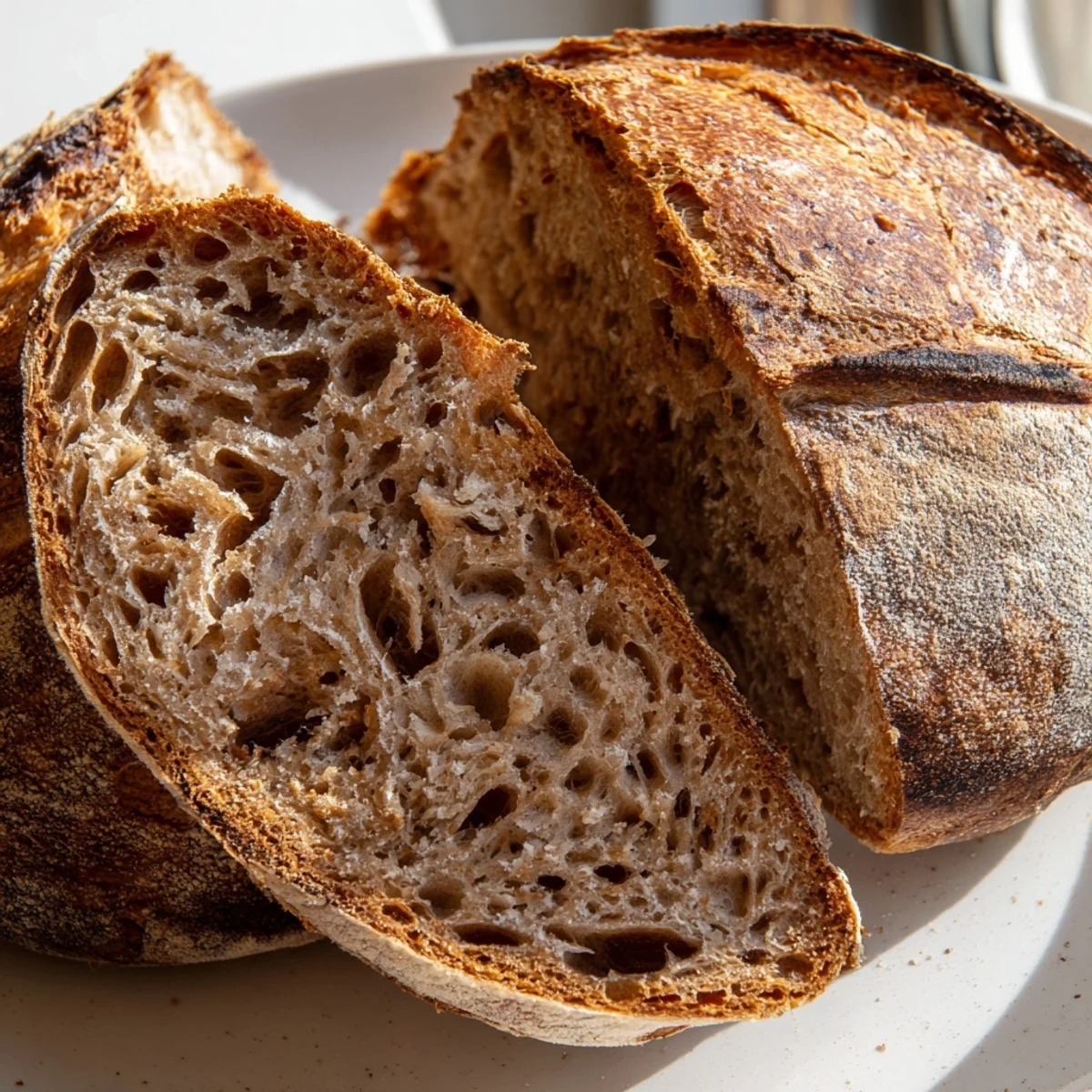 Thick slice of artisan sourdough bread revealing an airy, chewy interior crumb