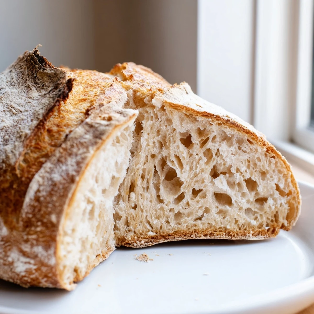 Warm sourdough bread fresh from the Dutch oven with a crispy scored top